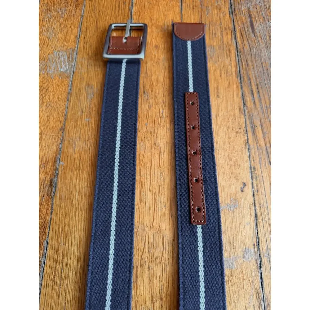 Reversible Blue Striped Cotton Italian Leather Belt Womens sz 30 (runs small)